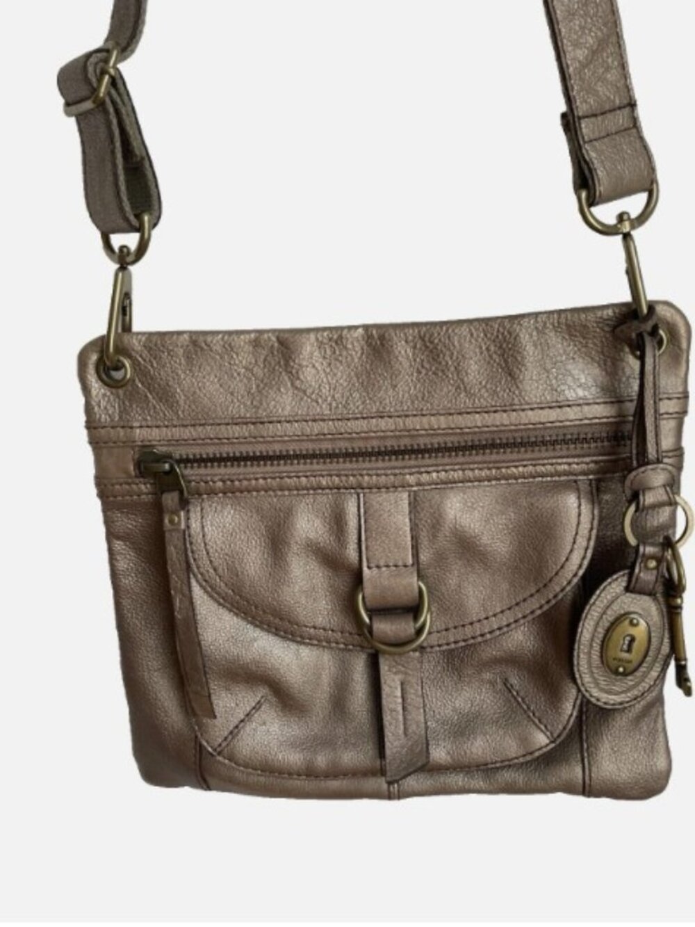 Fossil Metalic Leather Crossbody Messenger Bag Purse Large Key Fob Pockets Zips